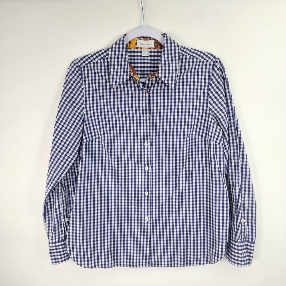 Peter Hahn Top Women's 8 Navy White Gingham Contrast Cuff Snap Up Front